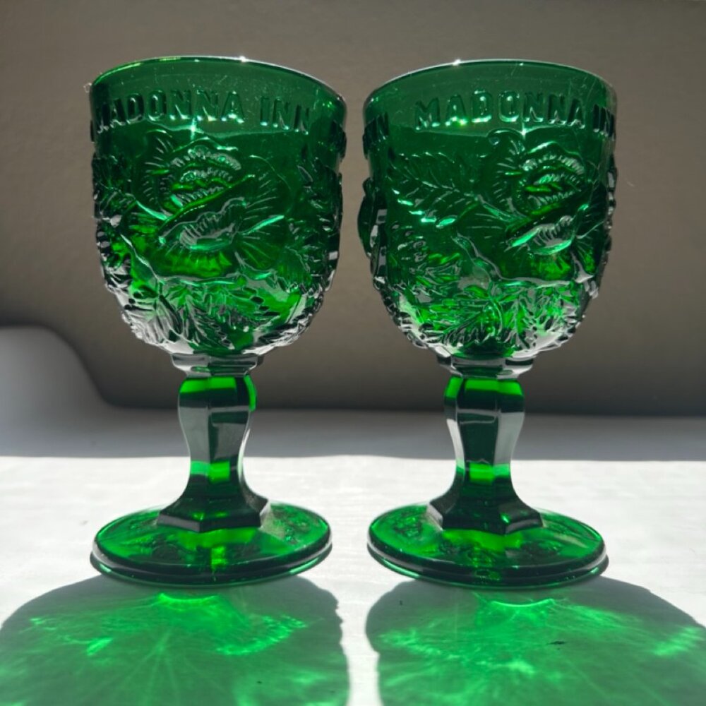 PAIR of Madonna Inn Fenton Goblets – Wright Wild Rose Pattern – Large Heavy 6.5”